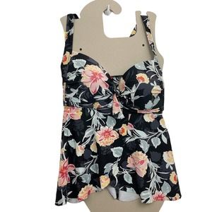Torrid 2 or 2X Swim Top Tankini Black Floral Padded Bra Bow Trim